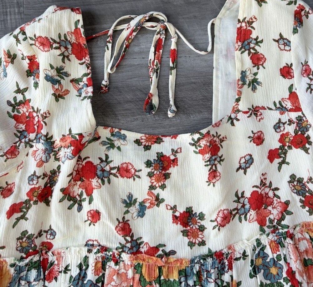 Free People Modern Chinoiserie Floral Mini Dress Boho Bell Sleeve White Teal M - Picture 4 of 8